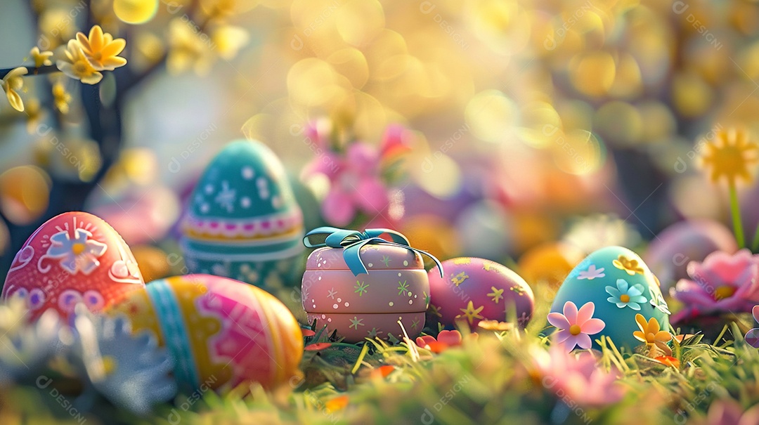 Ovos de páscoa e presentes coloridos em um jardim