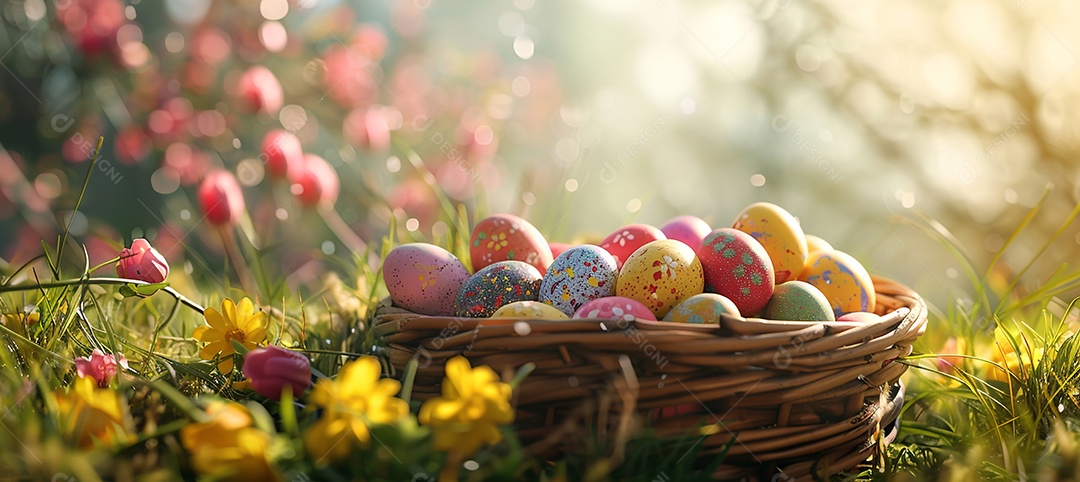 Campo com flores e cestinha com ovinhos coloridos