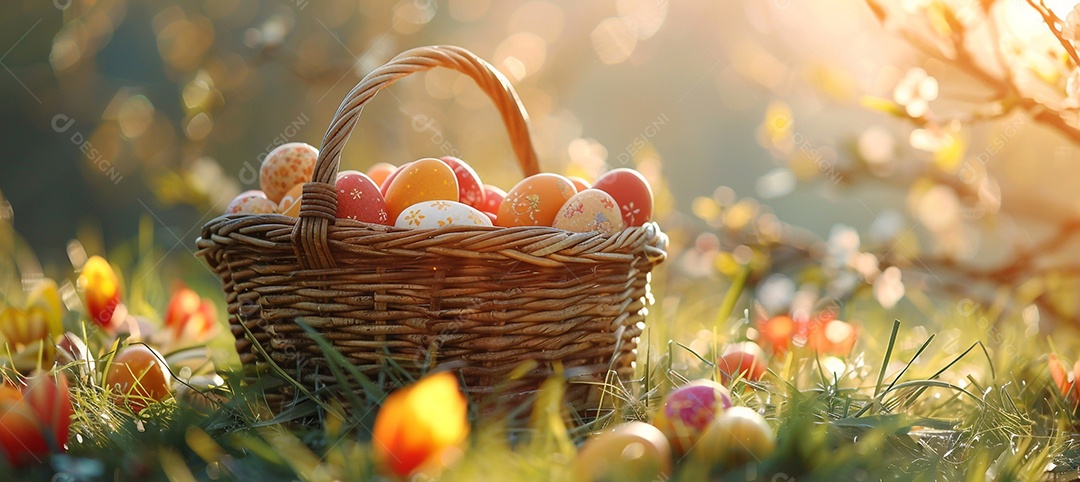 Beautiful field with flowers and basket full of colorful eggs