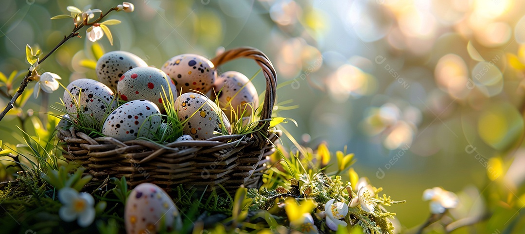 Campo com flores e cestinha com ovinhos coloridos