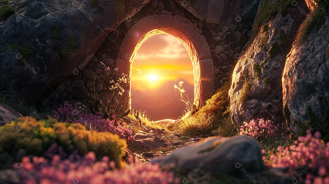 Caverna com gramas e flores e uma porta para vista do por do sol