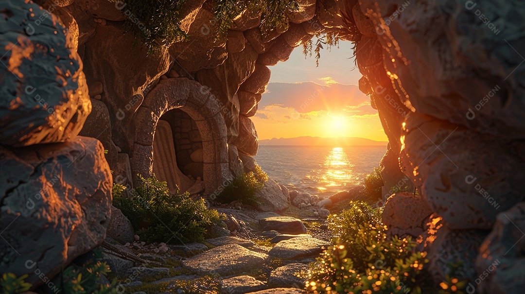 Caverna antiga de pedreira com vista para o mar e por do sol