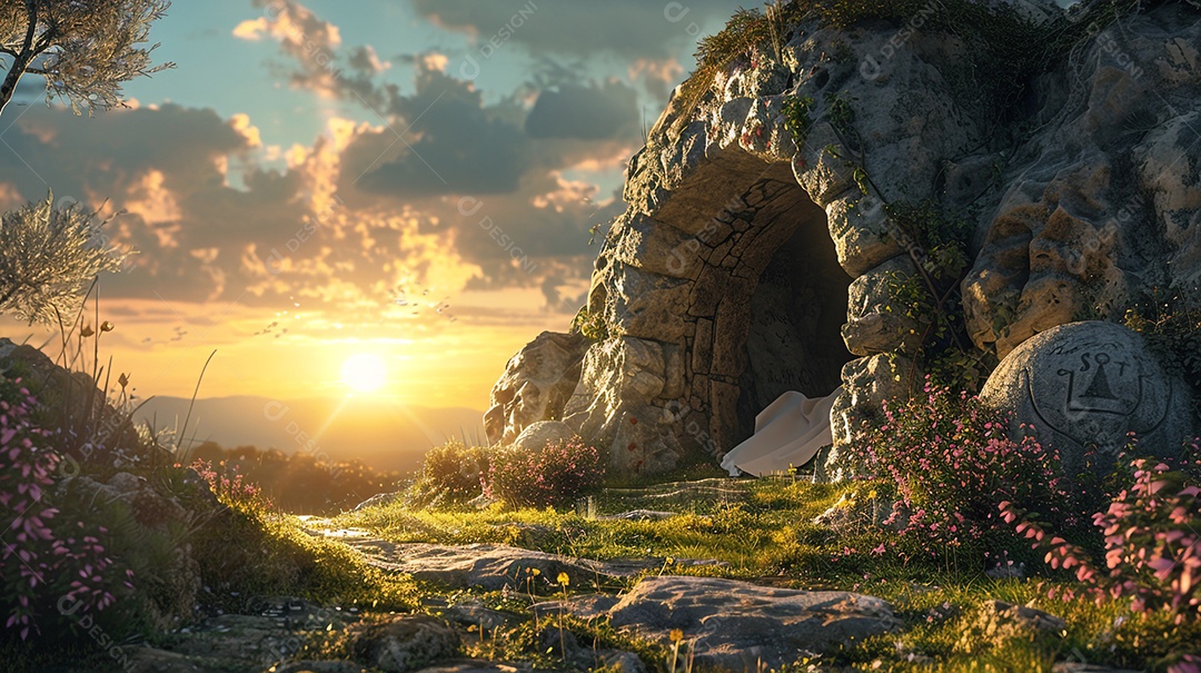 Linda paisagem com caverna e por do sol