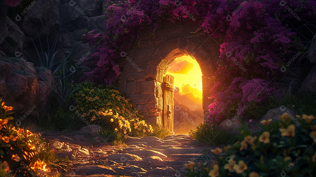 Muro com florais e porta com por do sol