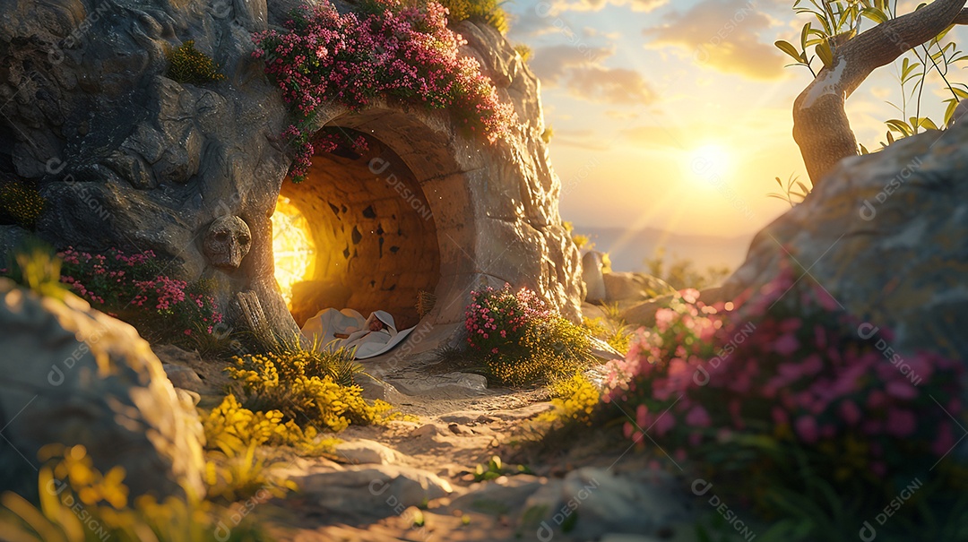 Paisagem com mini túnel de pedra e flores