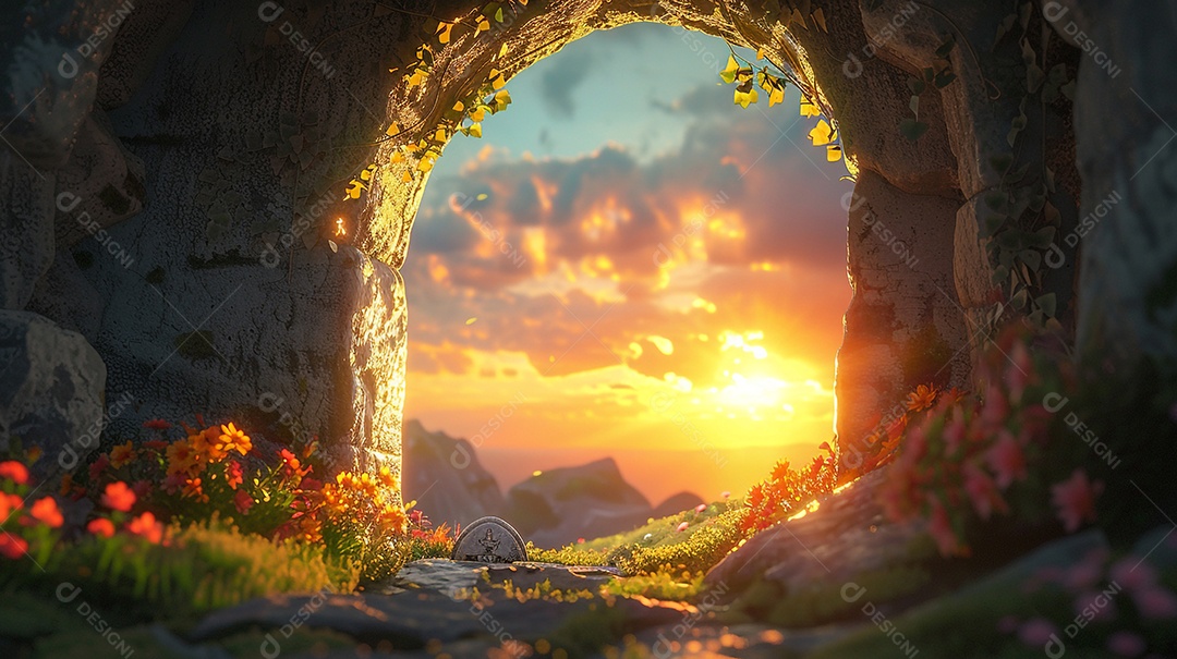 Caverna com por do sol lindo e flores no gramado