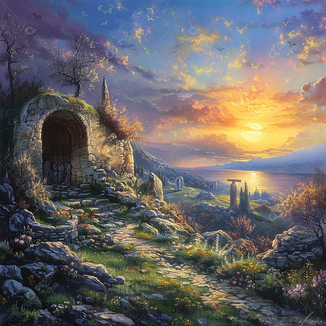 Viagem de manhã de Páscoa com o túmulo vazio e o nascer do sol