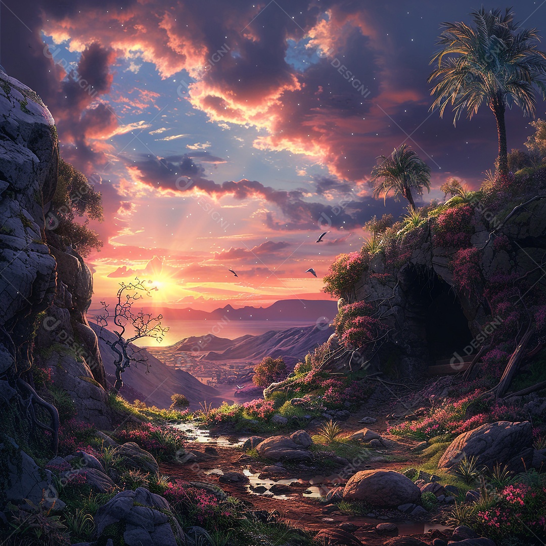 Viagem de manhã de Páscoa com o túmulo vazio e o nascer do sol