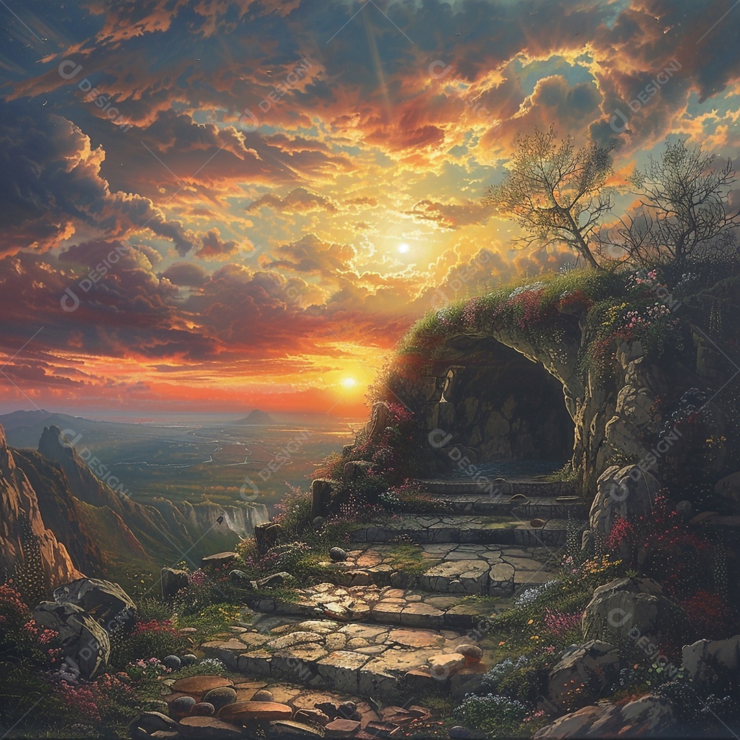 Viagem de manhã de Páscoa com o túmulo vazio e o nascer do sol