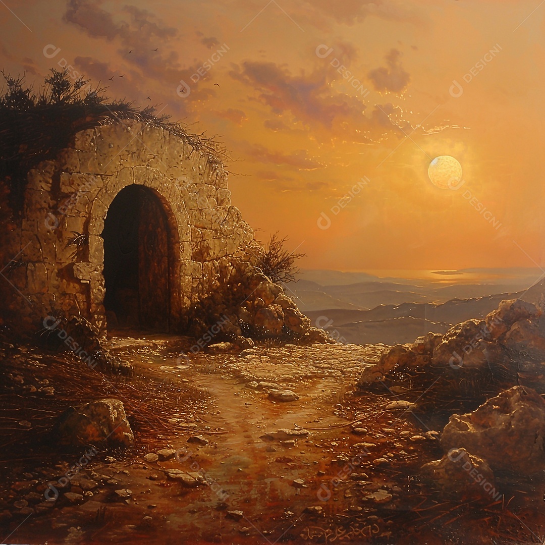 Viagem de manhã de Páscoa com o túmulo vazio e o nascer do sol