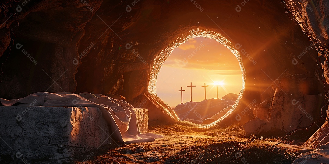 Imagem mostra o interior de uma tumba com um por do sol