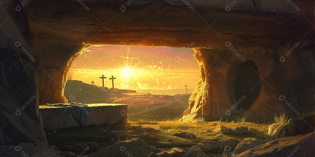 Imagem mostra o interior de uma tumba com um por do sol