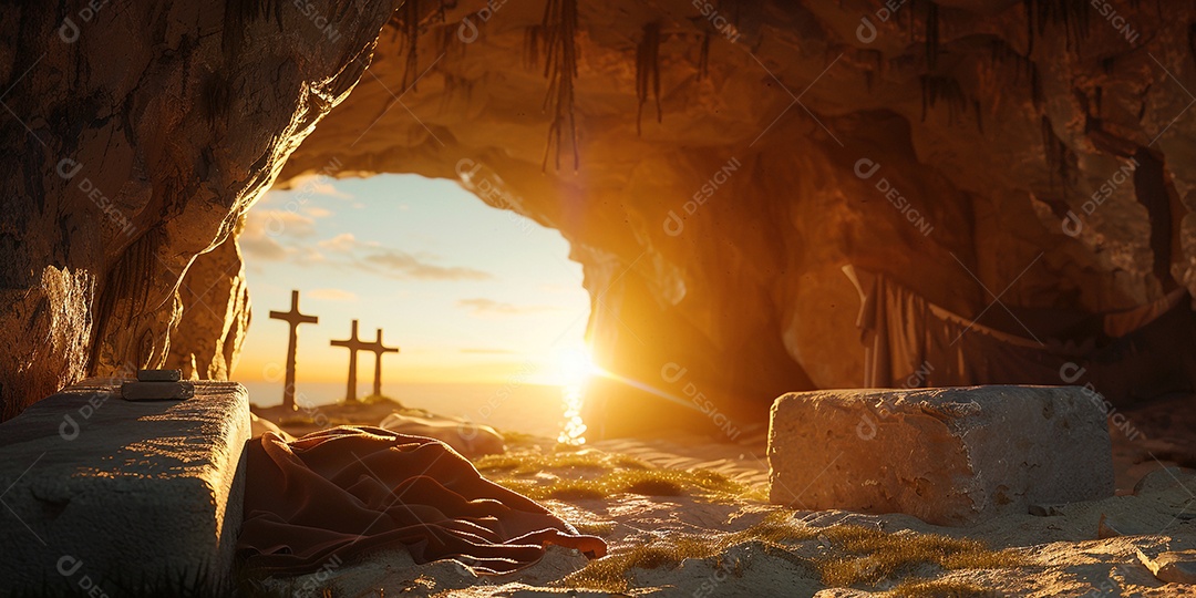 Imagem mostra o interior de uma tumba com um por do sol