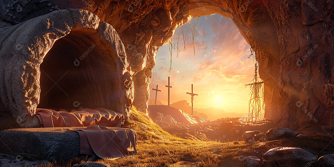 Imagem mostra o interior de uma tumba com um por do sol