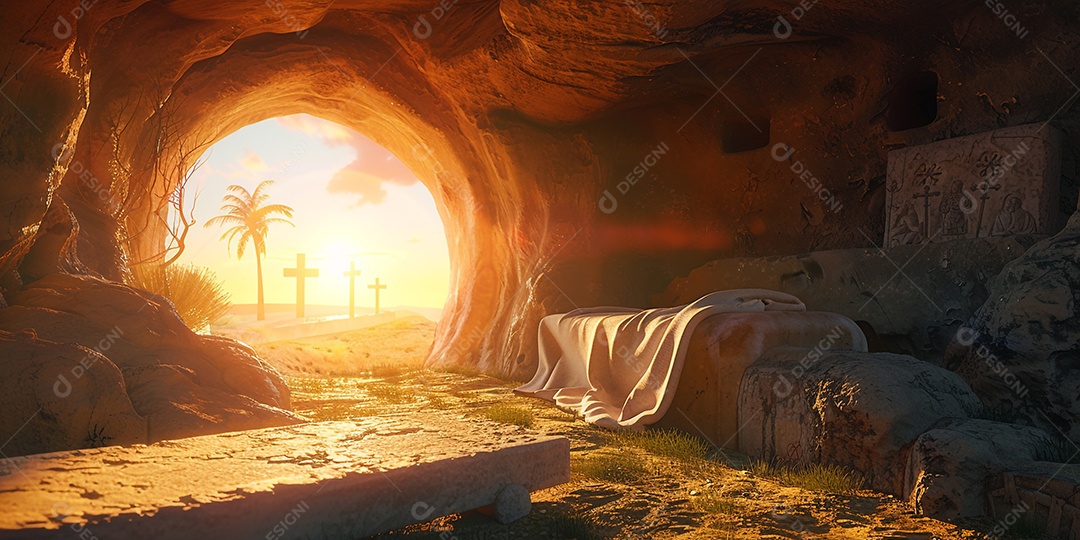 Imagem mostra o interior de uma tumba com um por do sol