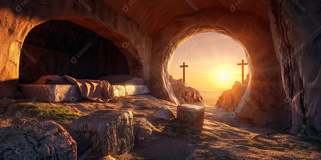 Imagem mostra o interior de uma tumba com um por do sol