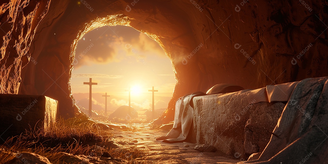 Imagem mostra o interior de uma tumba com um por do sol