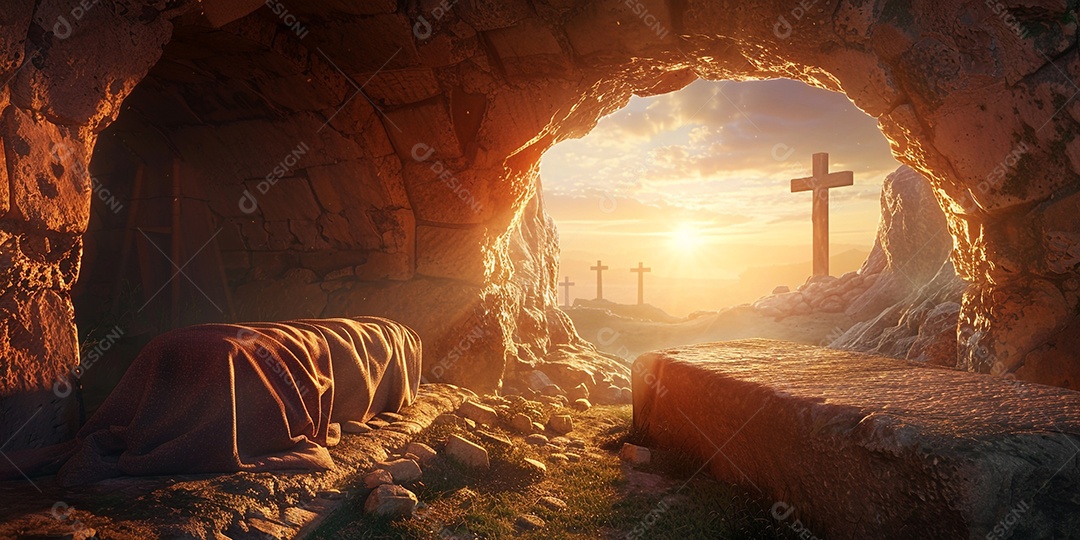 Imagem mostra o interior de uma tumba com um por do sol