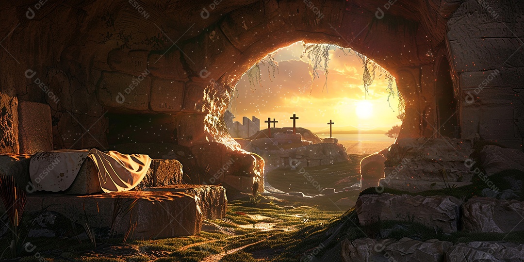 Imagem mostra o interior de uma tumba com um por do sol