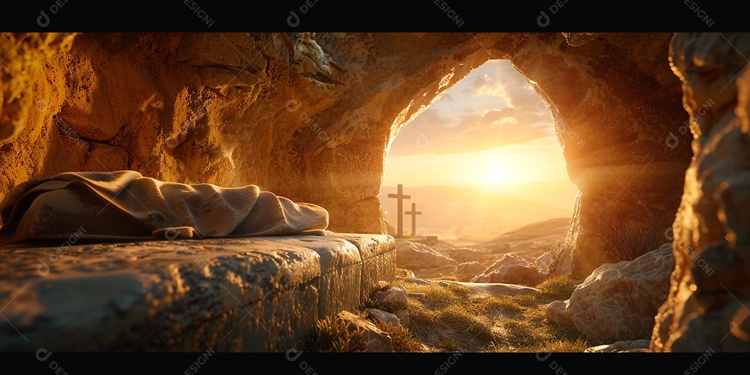 Imagem mostra o interior de uma tumba com um por do sol