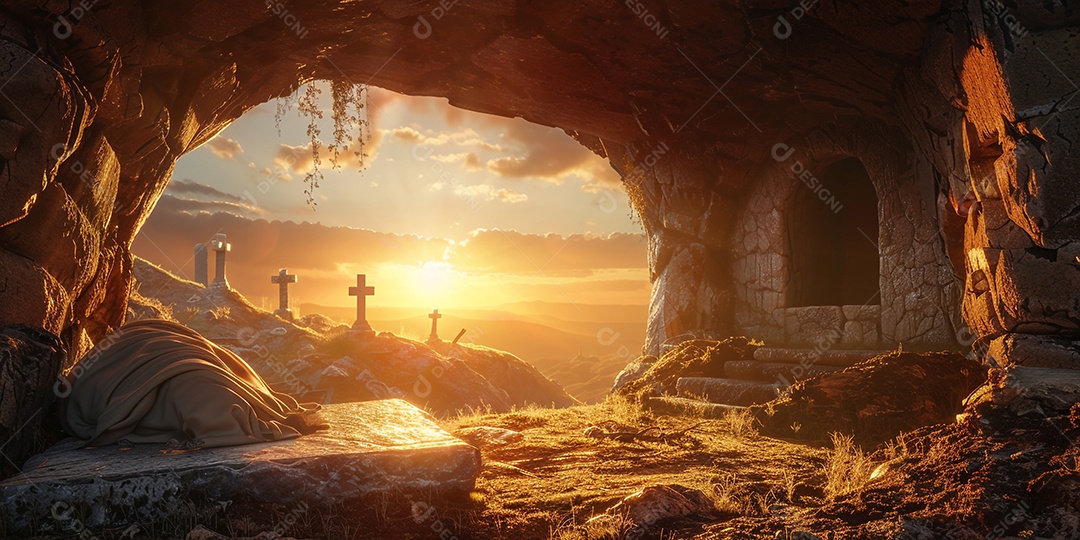 Imagem mostra o interior de uma tumba com um por do sol