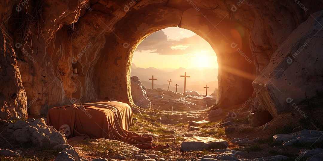 Imagem mostra o interior de uma tumba com um por do sol