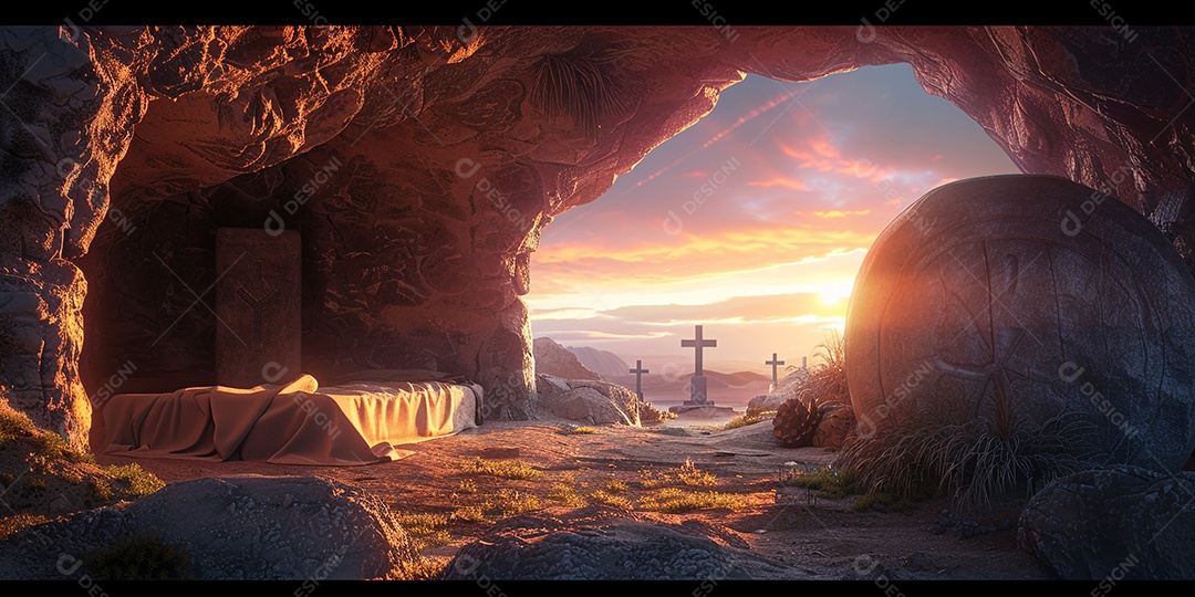 Imagem mostra o interior de uma tumba com um por do sol