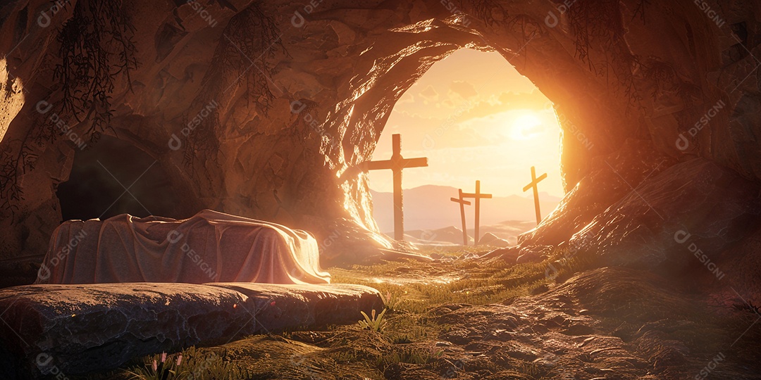 Imagem mostra o interior de uma tumba com um por do sol