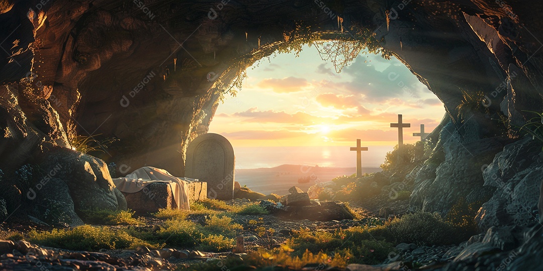 Imagem mostra o interior de uma tumba com um por do sol