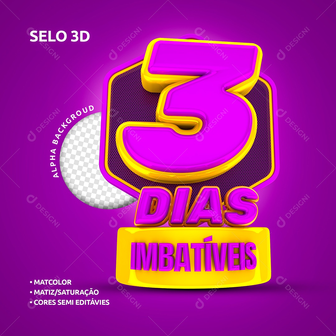 Selo 3D 3 Dias Imbatíveis Roxo e Amarelo para Composição PSD