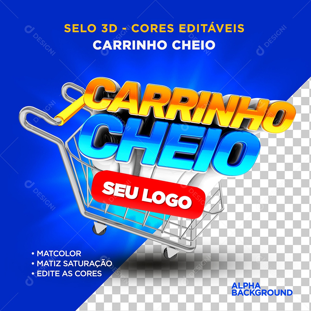 Carrinho Cheio Selo 3D Laranja e Azul para Composição PSD