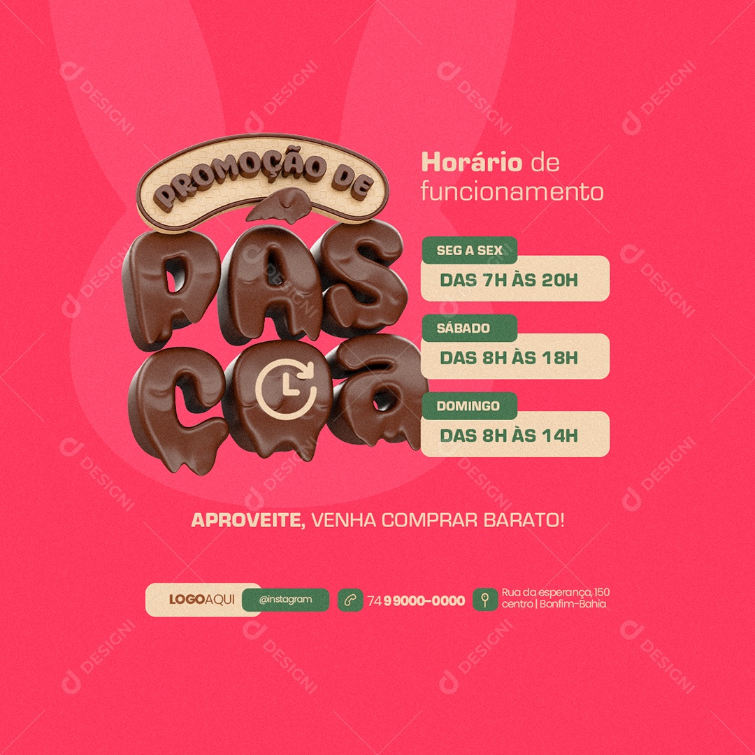 Promoção de Páscoa Supermercado Horário de funcionamento Social Media PSD Editável