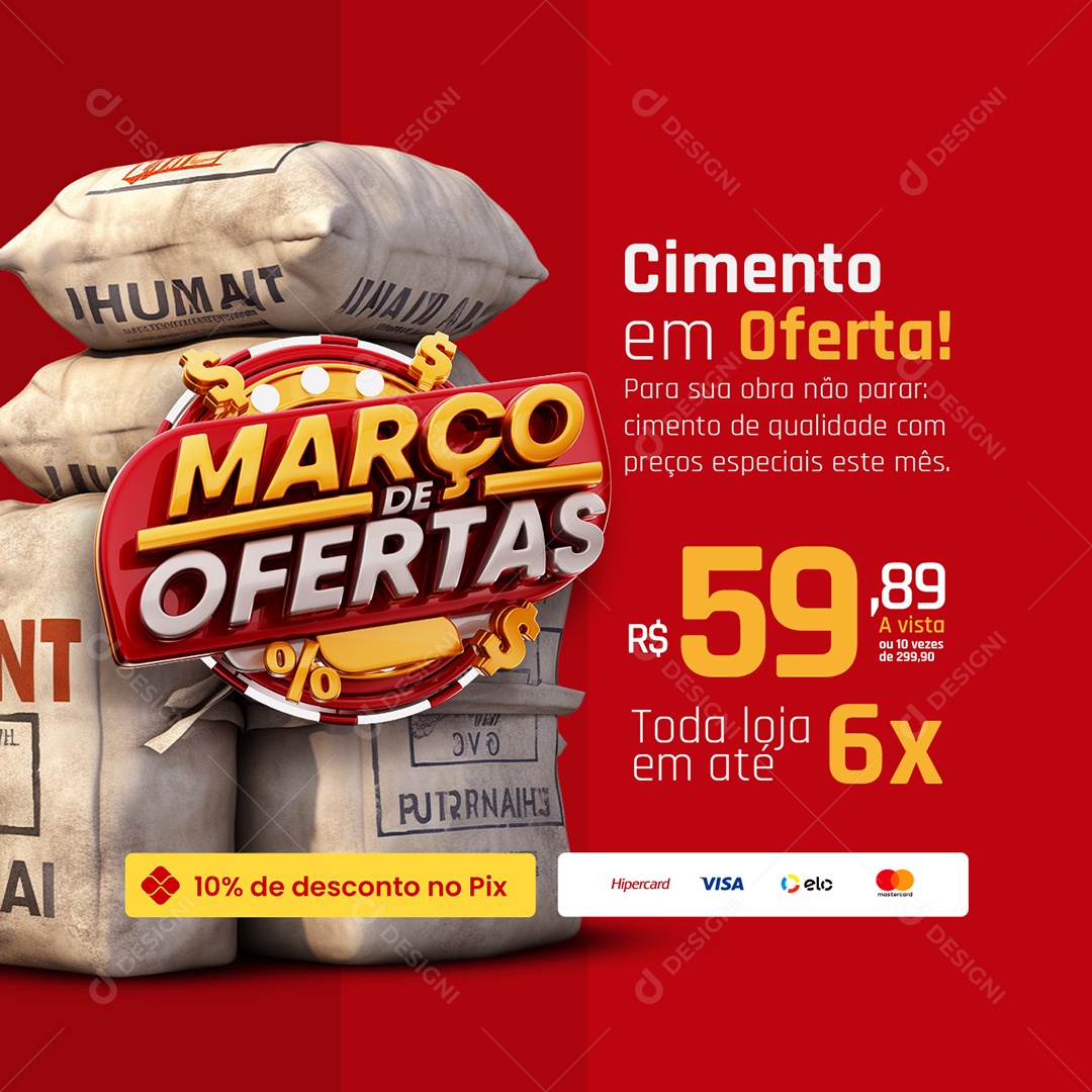 Março de Ofertas Materiais de Construção Cimento em Oferta Social Media PSD Editável
