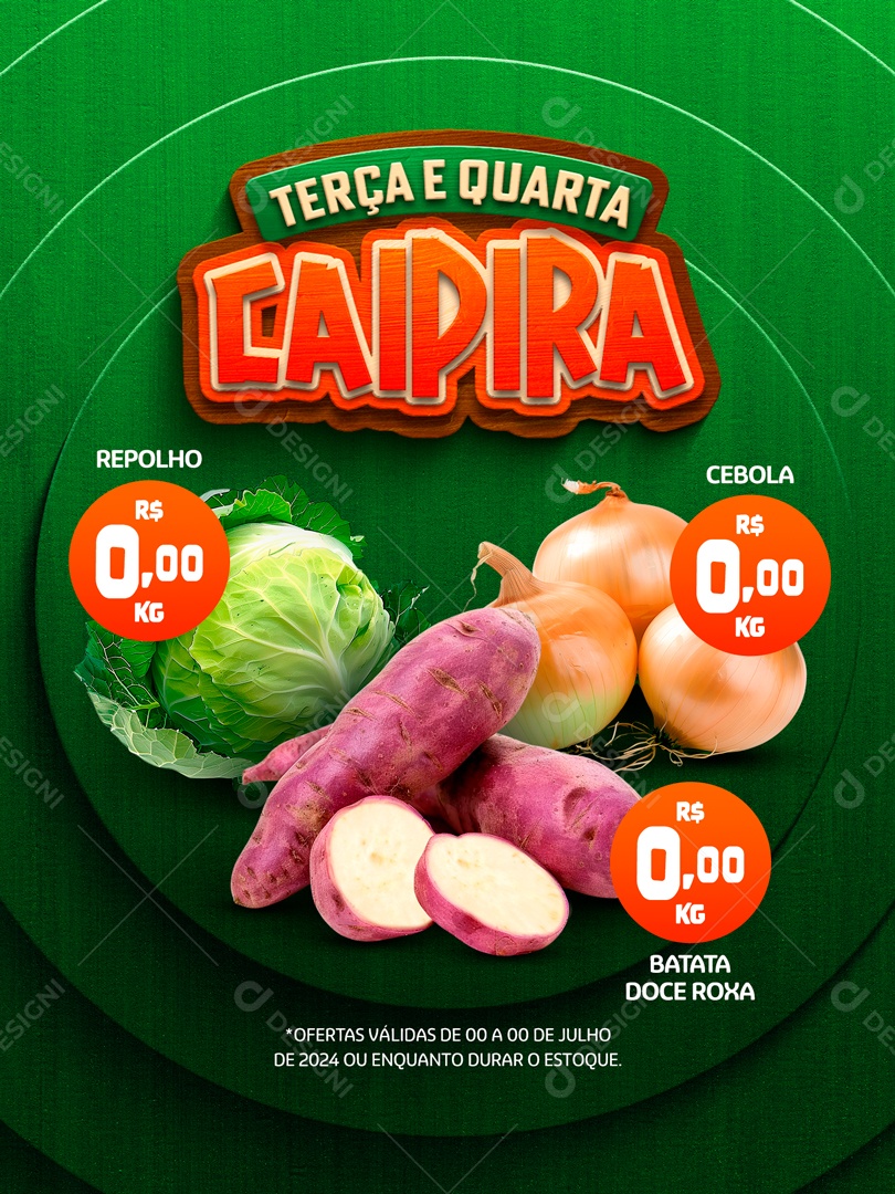 Terça e Quarta Caipira Repolho Cebola Batata Doce Roxo Social Media PSD Editável