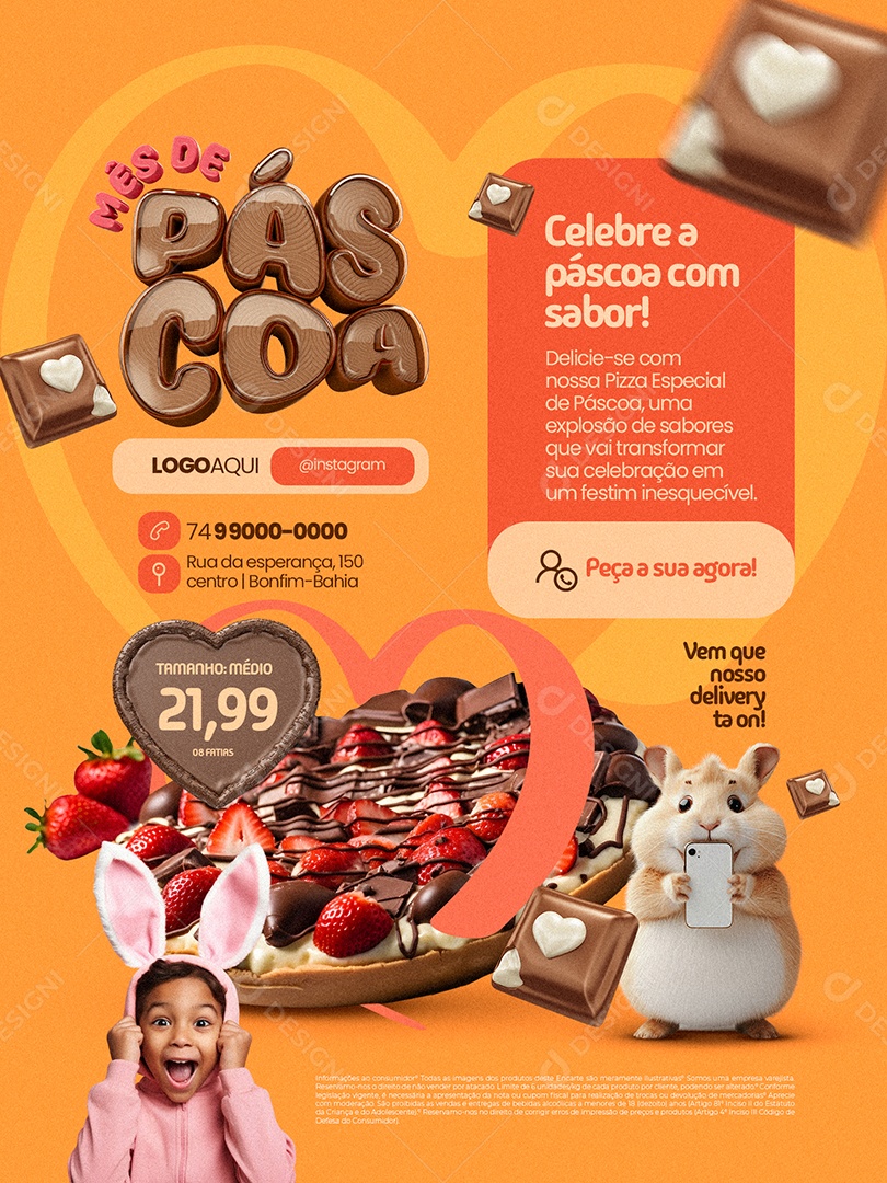 Mês de Páscoa Pizzaria Encarte Pizza Tamanho médio Social Media PSD Editável