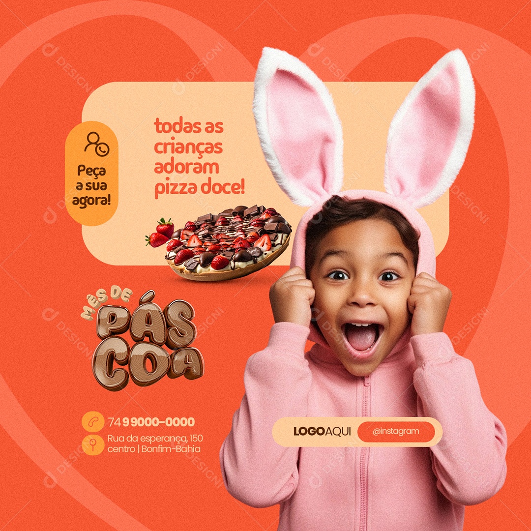 Mês de Páscoa Pizzaria todas as crianças adoram pizza doce Social Media PSD Editável