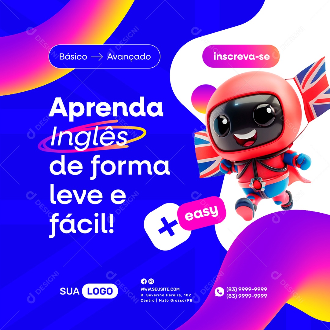 Escola De Inglês Aprenda de forma leve e fácil Social Media PSD Editável