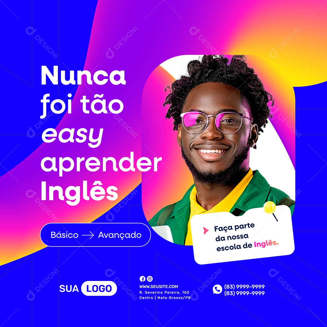 Escola De Inglês Nunca foi tão easy aprender Inglês Social Media PSD Editável