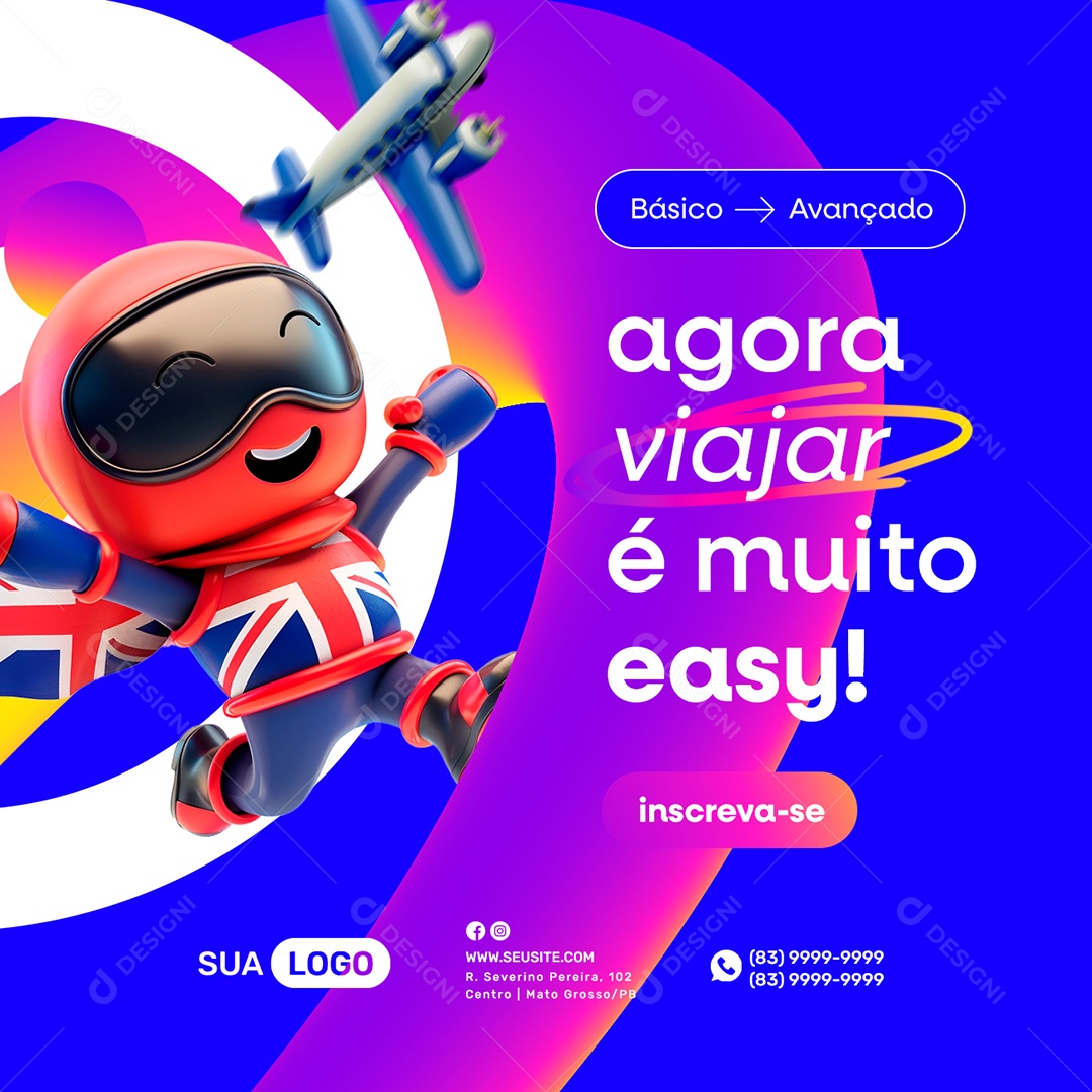 Escola De Inglês agora viajar é muito easy Social Media PSD Editável
