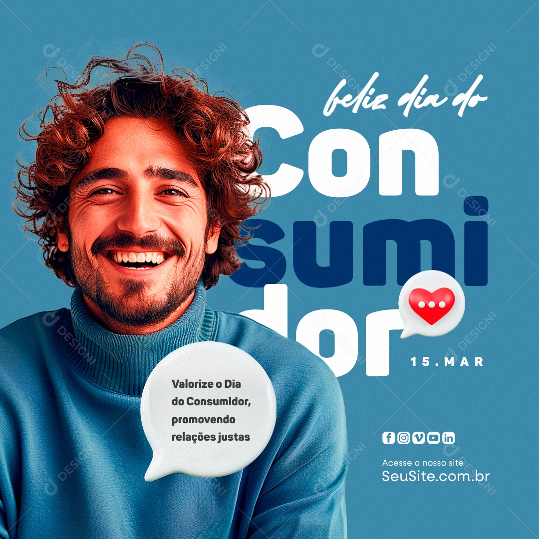 Feliz Dia do Consumidor 15 de Março promovendo Relações justas Social Media PSD Editável
