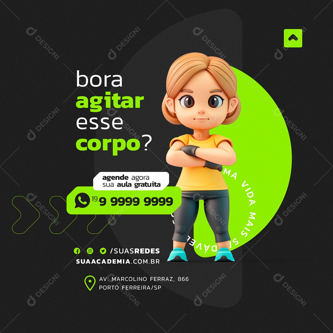 Academia bora Agitar esse Corpo Agende agora sua Aula Gratuita Social Media PSD Editável