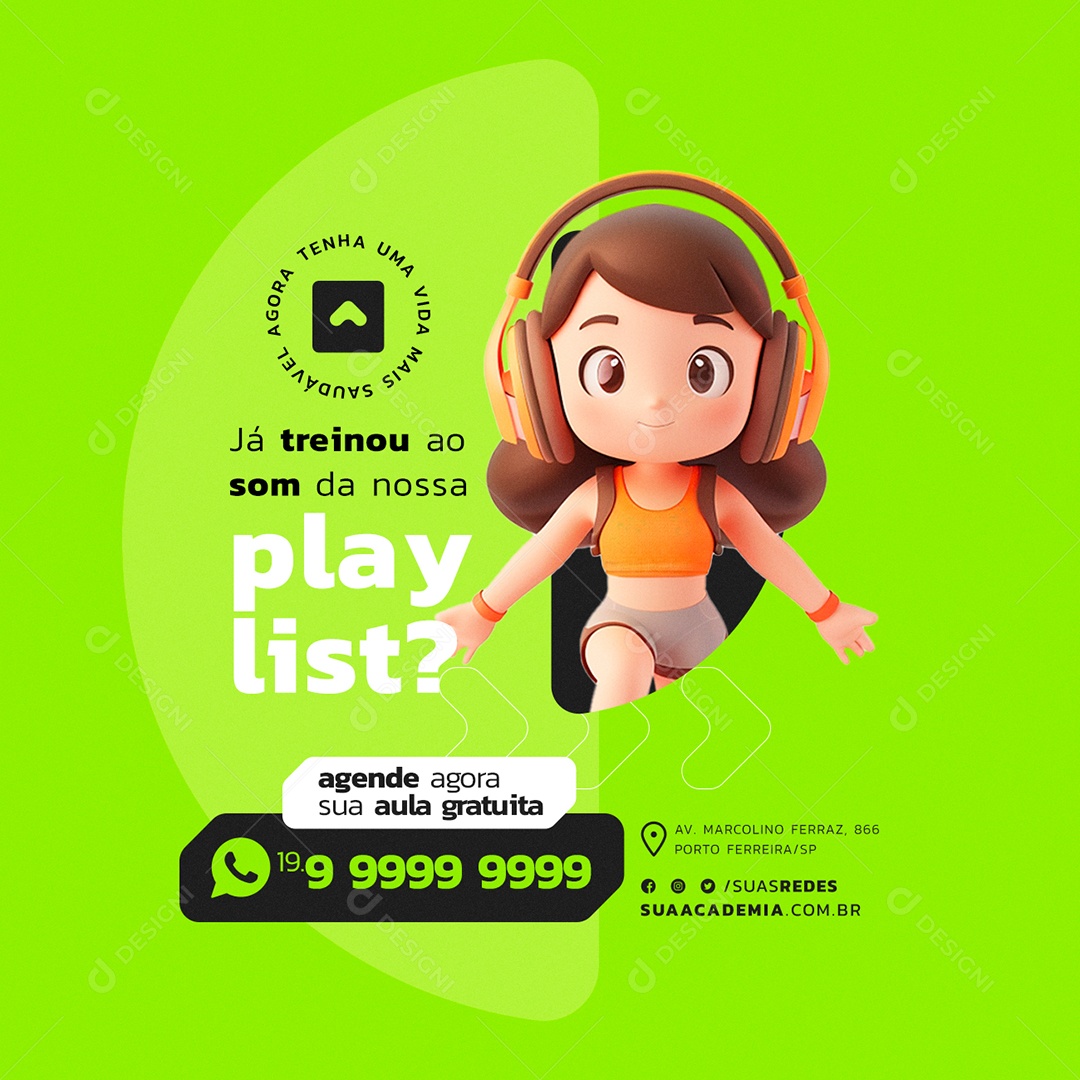 Academia Já Treinou ao Som da nossa Playlist Social Media PSD Editável