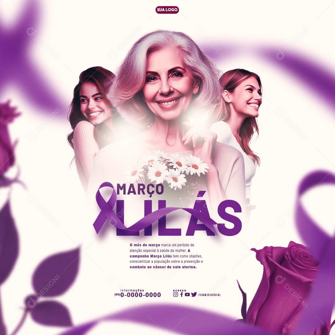 Março Lilás combate ao câncer de colo uterino Social Media PSD Editável