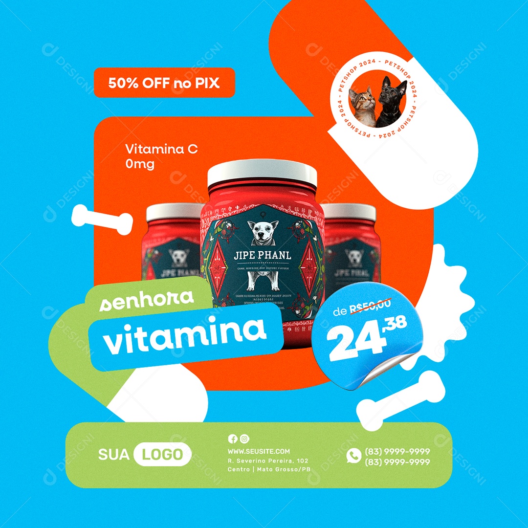 Pet Shop Vitamina C 50% Off no Pix Social Media PSD Editável