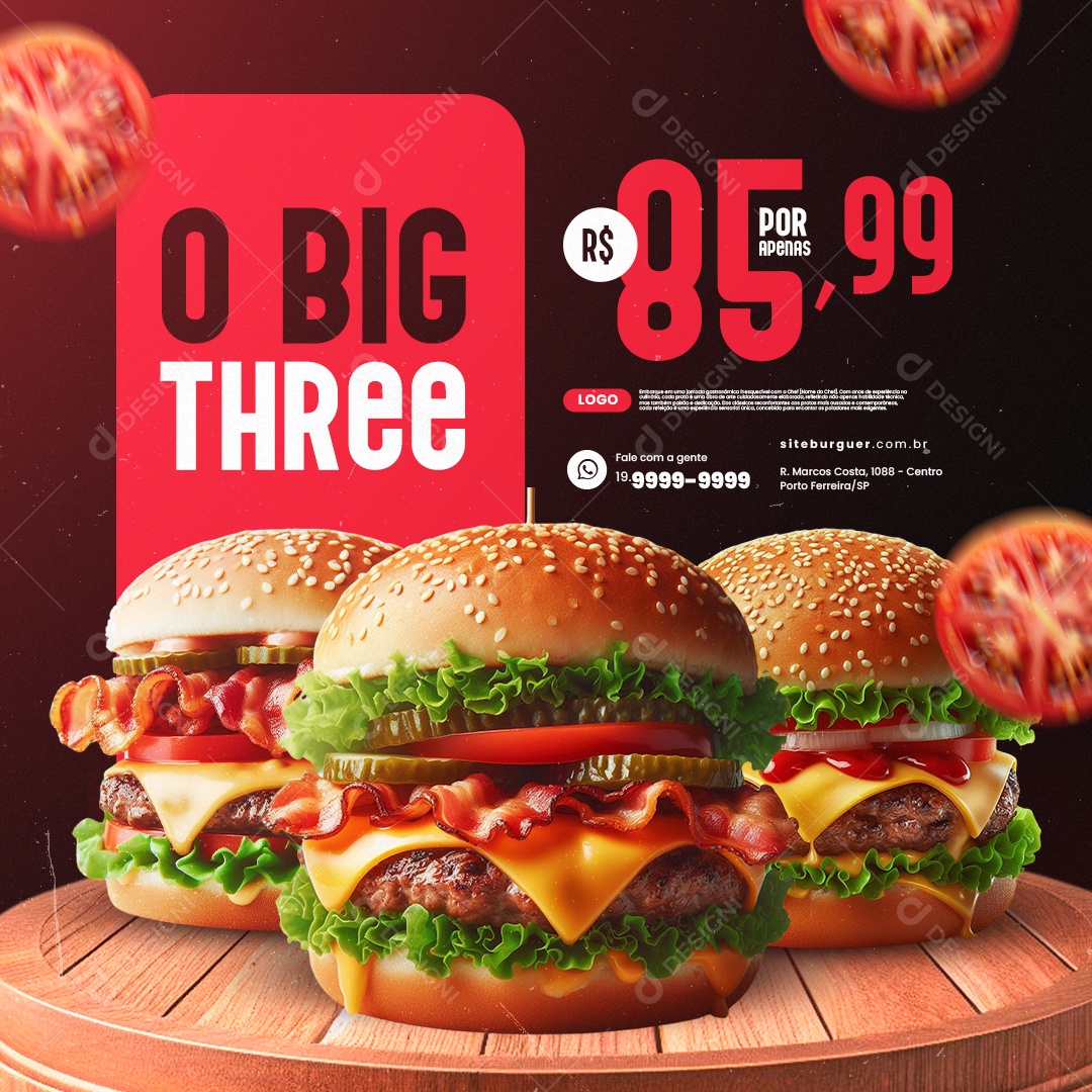 Hamburger Restaurant The Big Three Social Media Editable PSD