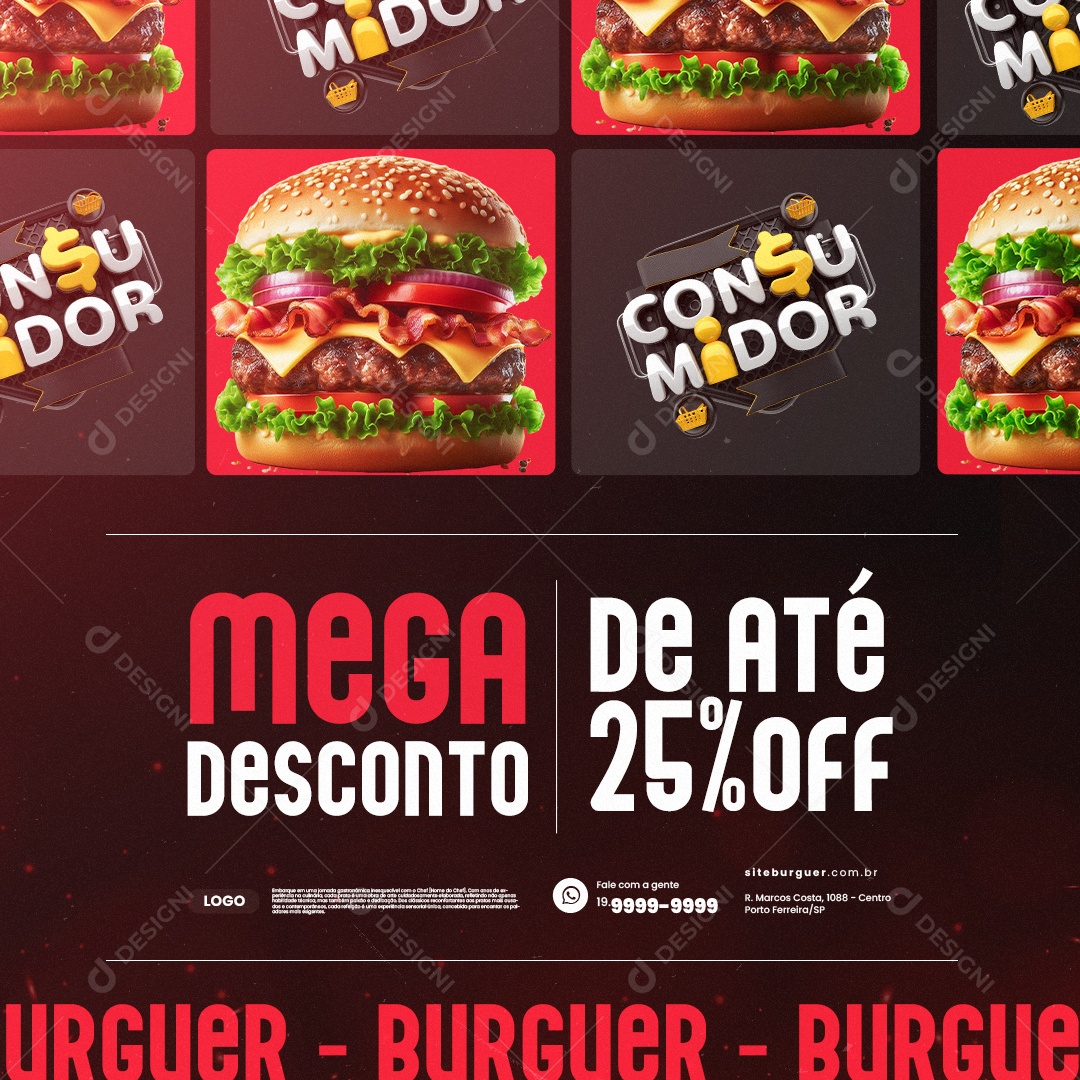 Hamburgueria Burguer Mega desconto de Até 25% Off Social Media PSD Editável
