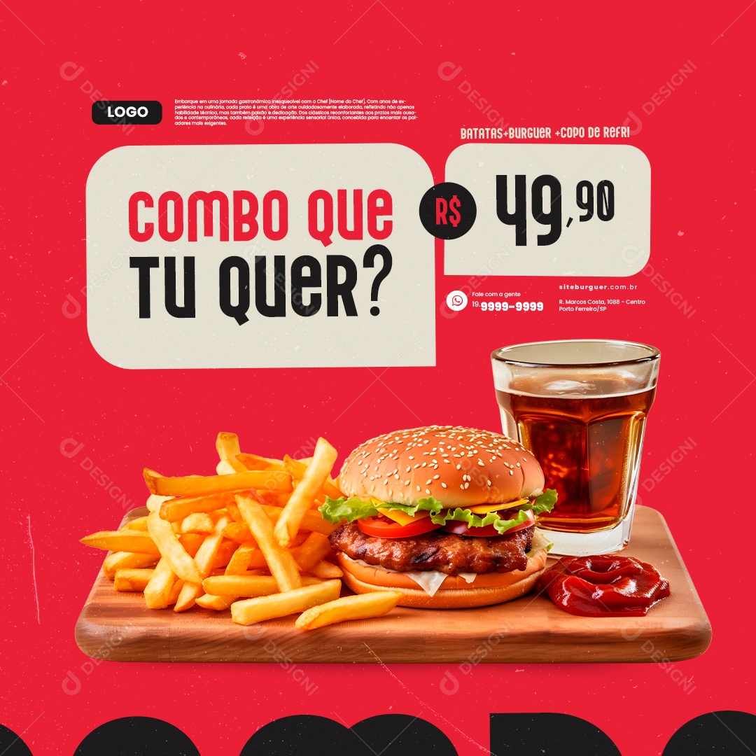 Hamburgueria Combo que Tu Quer Batatas Burguer Copo de Refri Social Media PSD Editável
