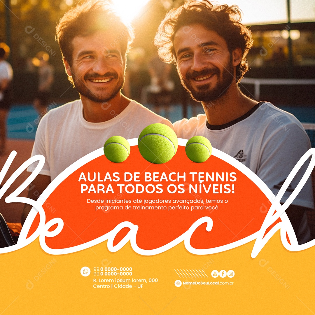 Aulas de Beach Tennis para Todos os Níveis Social Media PSD Editável