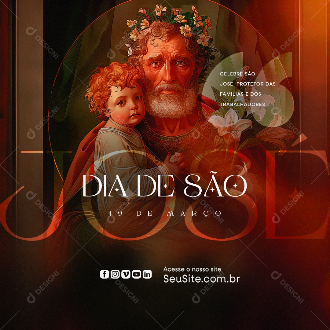 Dia de São José 19 de Março Protetor das Famílias e dos Trabalhadores Social Media PSD Editável