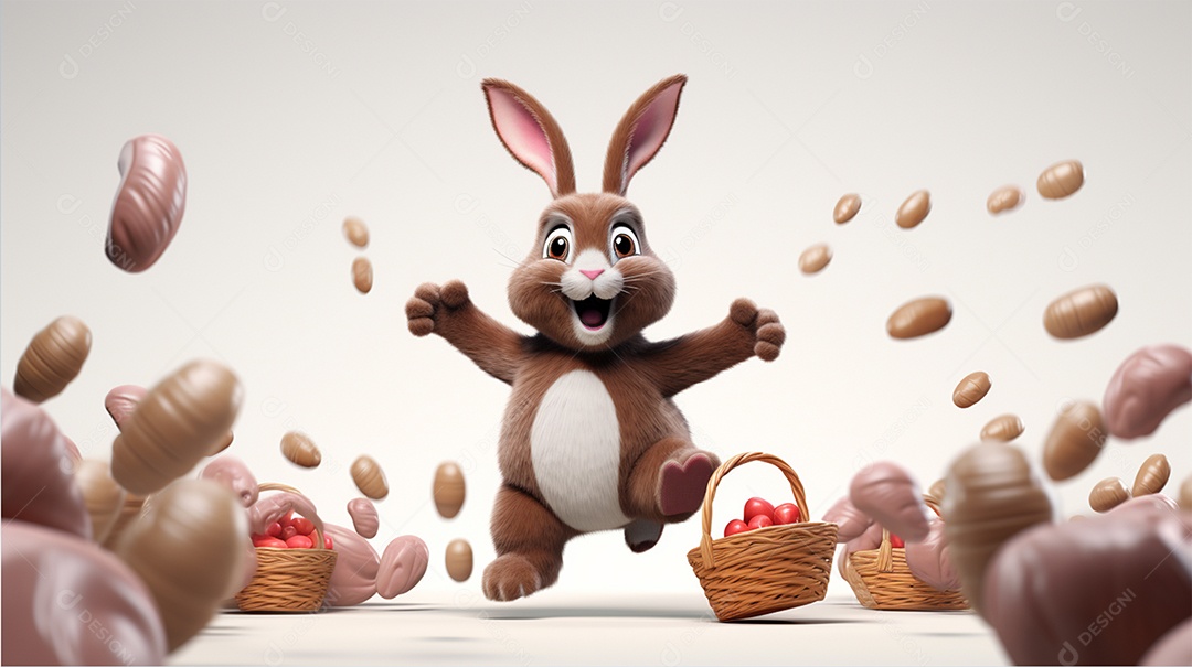 Personagem de coelhinho da Páscoa 3D correndo com uma cesta cheia de ovos